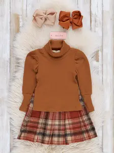 Ribbed Turtleneck & Plaid Skirt Outfit - Cinnamon