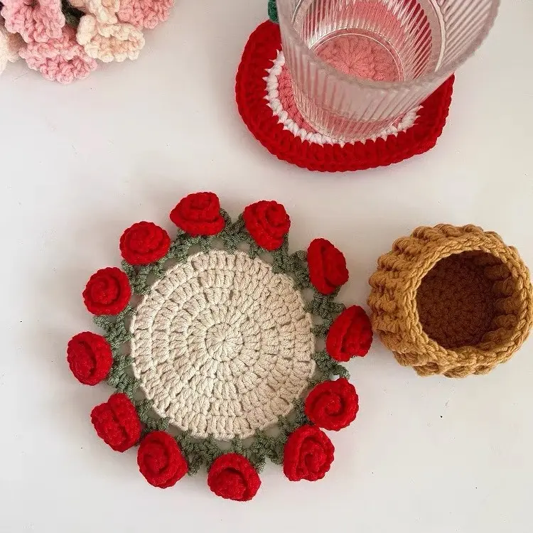 Handmade Crochet Floral Coaster Set - 6.7in Soft Cotton Yarn Round Place Mats, Mini Jewelry Storage Basket, Embroidery Floral Bouquet Home Decor, Fits Most Mugs/Planters, Ideal Birthday Gift