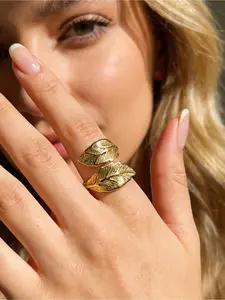 1pc Forest Leaf Ring Elegant Fashion Rings 18K Gold Plated Stainless Steel Jewelry Accessory For Women Commuting, Shopping And Daily Wear, Statement Rings, Double Layered Ring