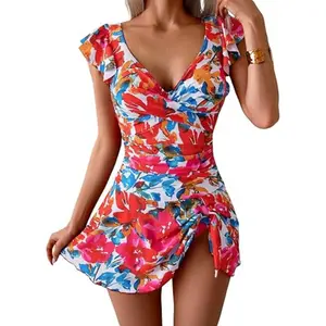 Aidonger One Piece Swimdress Tummy Control Ruffle Swimsuit for Women Tie Knot Swim Dresses V Neck Bathing Suit Skirt Swimmingsuits