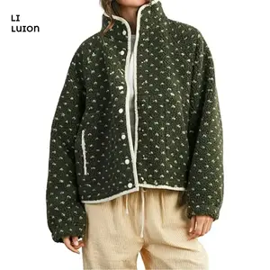 Women's Fleece Jacket Button Down Lapel Collar Warm Jackets Long Sleeve Contrast Quilted Outerwear