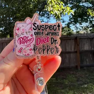 Suspect only drinks Diet Dr Pepper. Glitter retractable badge reel.teacher/student ID badge-RN-hospital staff-first responders-funny badge