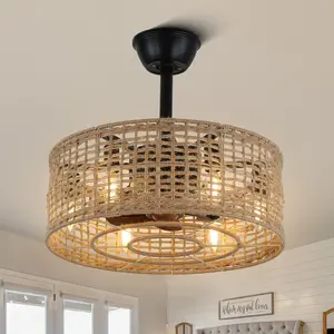 18.1" Small Size Farmhouse Style Rattan Caged Reversible Ceiling Fan with 6 Lights and Remote, All Seasons 3 Speeds Ceiling Fan