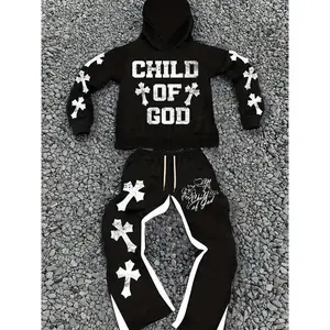 Men's Casual Trendy "Youngsters OF GOD" Print Hoodie & Sweatpants Set - Polyester, Machine Washable, Black with White Cross Design, Ideal for Fall/Winter Leisure, Hoodie Clothes Menswear Suits Gamis Long Sleeve Motocross Bestie men's 2 piece set