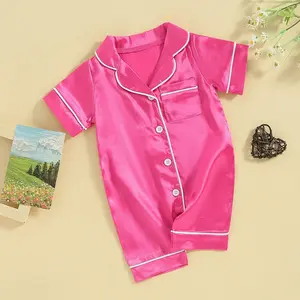 Infant Baby Girl Boy Silk Jumpsuit Pajamas Short Sleeve Button-Up Satin Pjs Footie One-Piece Romper Pajama Nightgown