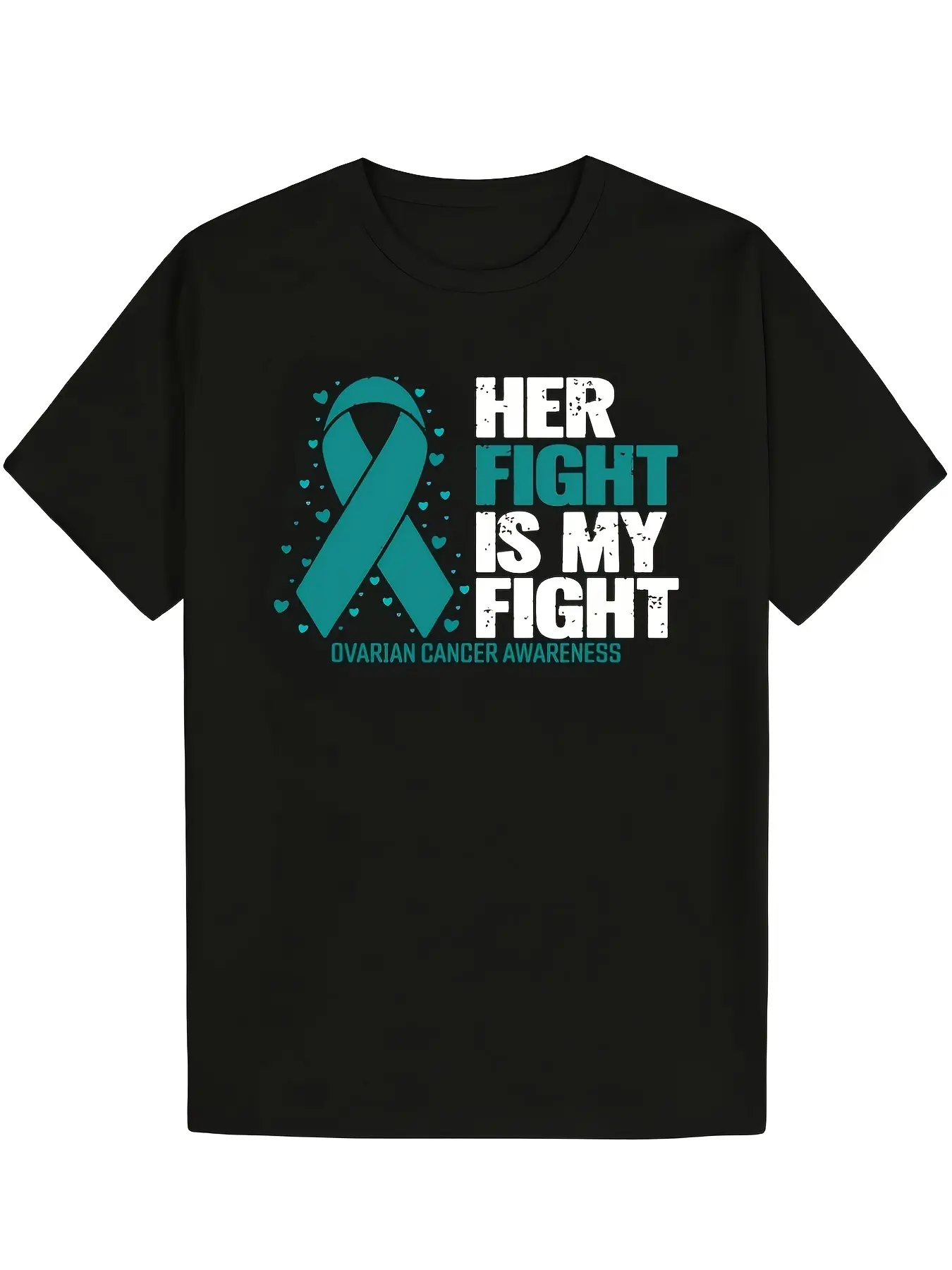 Ovarian Cancer Awareness TShirt Her Fight Is My Fi unisex soft cotton short sleeve t shirt, vintage graphic casual tee for men women teens, perfect birthday holiday gift for camping travel gym daily street  wear