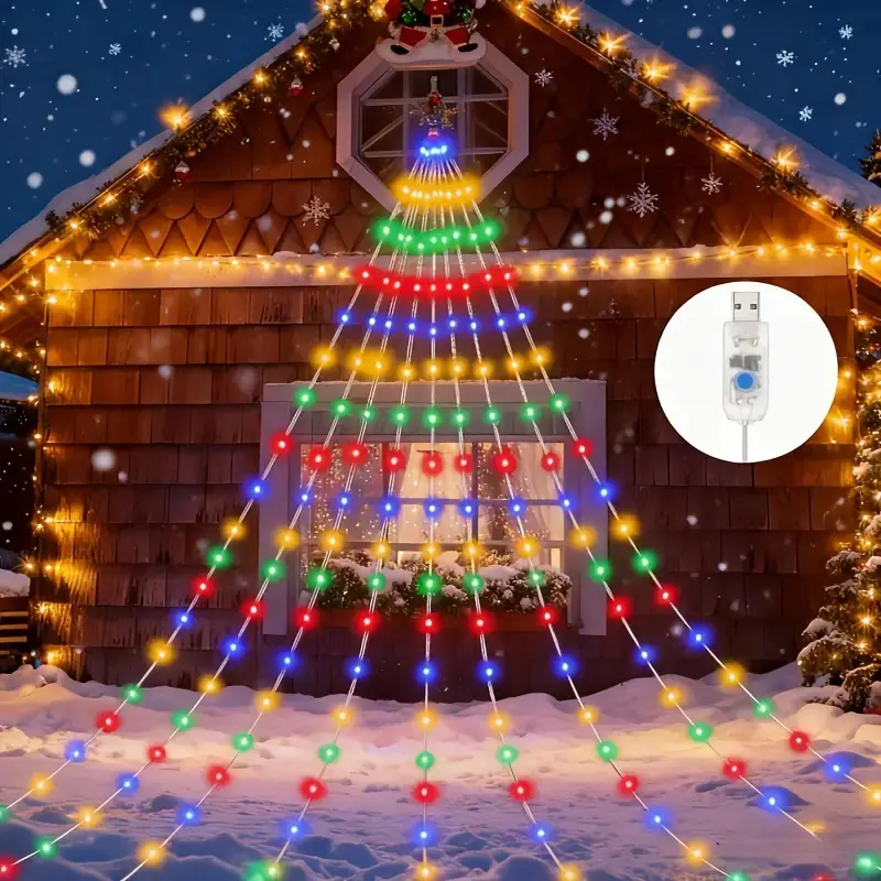 1pc USB-Powered Colorful Waterfall String Lights with 8 Modes, Party Light, Outdoor Decorative Lights, Hanging Christmas Decorations for Home & Outdoor Use - Ideal for Balconies, Gardens, Tents, Christmas Trees