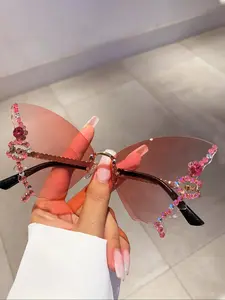 Creative Butterfly Design Frameless Tinted Lenses Sunglasses, Fashionable Rhinestone Decorated Sunglasses for Women & Girls, Outdoor Sports Sunglasses, Travel Accessories, Stylish Glasses