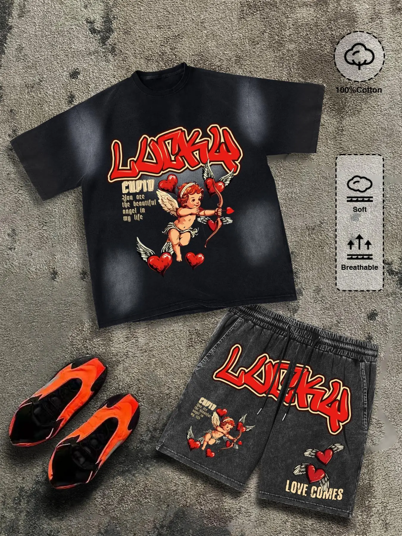 Two-Piece Set Men's Letter & Angel Print Round Neck Short Sleeve Tee & Track Shorts Matching Shorts Set, Casual Fashion Cozy Breathable Men Two-piece for All Seasons Menswear Graphic Tee Set, Casual Clothing Set