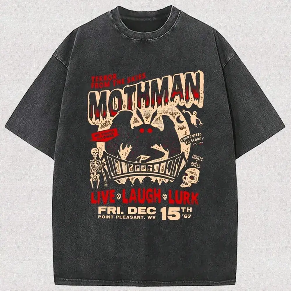 230g Washing, Mothman Terror Strikes In The Sky Printed T-Shirts, High-Quality Batik Cotton Vintage Fashion Brand T-Shirts, Men's T-Shirts, Summer T-S y2k,soulja,concert,Halloween,Gothic,Vintage,Streetwear Graphic Y2K Streetwear Graphic Tee