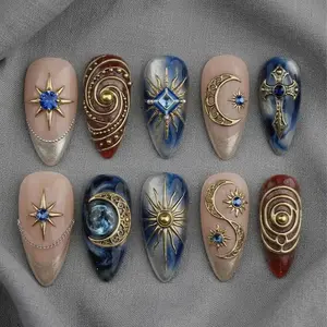 Celestial Moon Star Press On Nails | Gold Sun Moon Cross Galaxy Nail Art | Fantasy Luxury Handmade Press On Nails Set