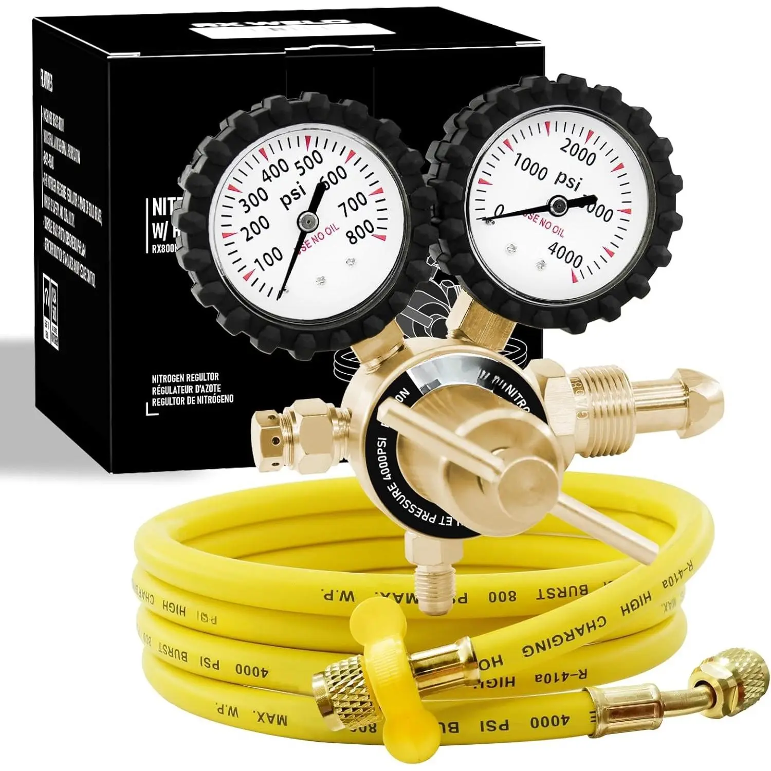 Brass Body Nitrogen Regulator, 0-800 PSI, CGA580 Inlet, Brass Outlet Connection, Gauges, Refrigeration Hose, Leak-Tested, Self-Resealing Welding & Soldering Equipment Accessory