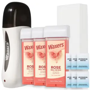Waxers Roll on Wax Kit for Coarse & Thick Hair Removal Waxing Kit for Women & Men Professional Rose Soft Wax Roller Cartridge with Warmer & Strips