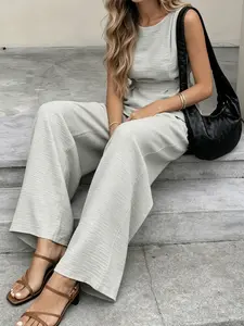 Two piece fashionable Korean style gentle casual suit for women's summer, sleeveless vest top, high waist hanging straight leg pants, fashionable, Fitted, suitable for home, indoor, and outdoor wear