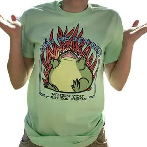 Why Be Gender When You Can Be Frog Light Green T Shirt Cute Funny Agender Enby Non Binary Gift for Enbies TShirt Tee Panicking Frog Flames Chaotic Good Evil Nonsense Nonsensical Generation Z Gen Meme LGBT LGBTQ Queer Pride Month Pronouns Tops