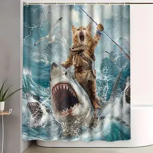 Creative Cat Shark Theme Shower Curtain Set, Blue, Includes Plastic Hooks, Non-Slip Mat, U-Shaped Toilet Pad, Bathroom Decor Accessories