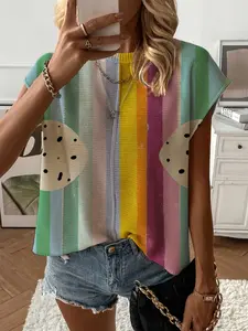 Summer Round Neck Short Sleeve Knit Top Blouse, Loose Fit, Color Block Gradient Polka Dot Print, Casual Elegant Commuter, Bikini Cover-Up, Casual Style Shirt, Womenswear