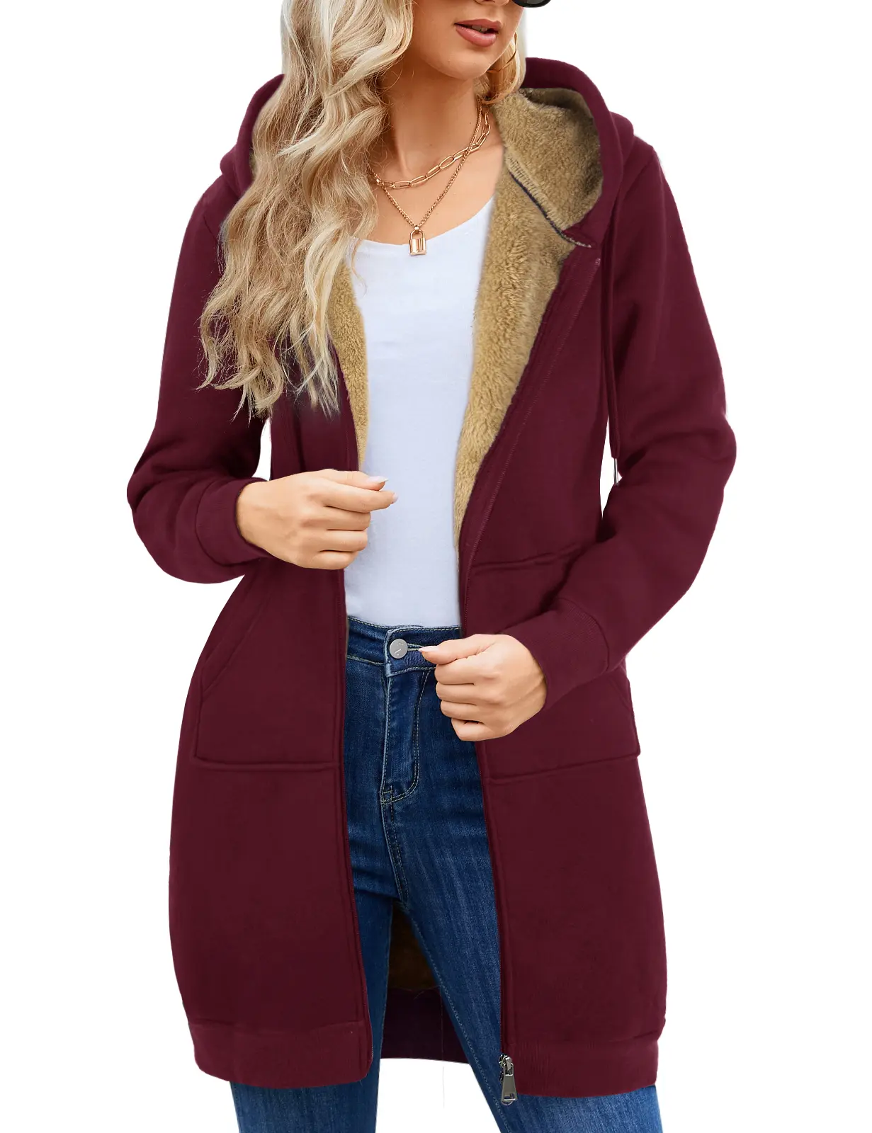 FAHSORA Women's Zip Up Hoodies Long Sleeve Long Tunic Sweatshirts Oversized Long Fleece Jacket Coats, Drawstring, Zip Up Front, Kangaroo Pockets, Casual Outerwear, Comfy Everyday, Athleisure,Work,Daily
