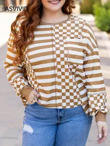 【Plus Size】 Plaid & Striped Print Sweatshirt, Casual Long Sleeve Round Neck Pullover for Spring & Fall, Women's Plus Clothing for Daily Wear