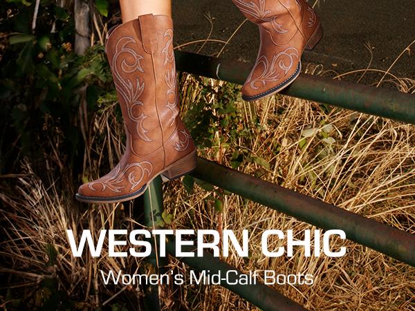 DREAM PAIRS Women's Cowboy Boots Mid Calf Cowgirl Boots Square Toe Chunky Heel Embroidery Stitched Western Boots