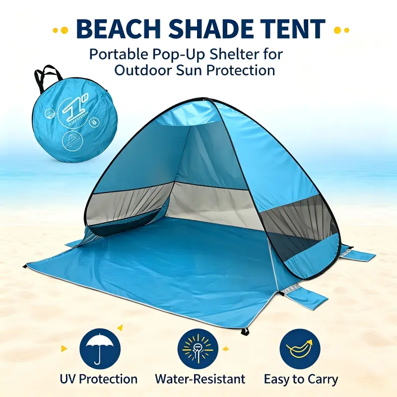 Casual Pop-up Sun Shelter, Portable Blue Polyester Taffeta Shade with UV Protection for Unisex Outdoor Camping, Travel, and Picnics, Beach Tent, 1-3 People, Windproof, Uv Protected, Outdoor Trips