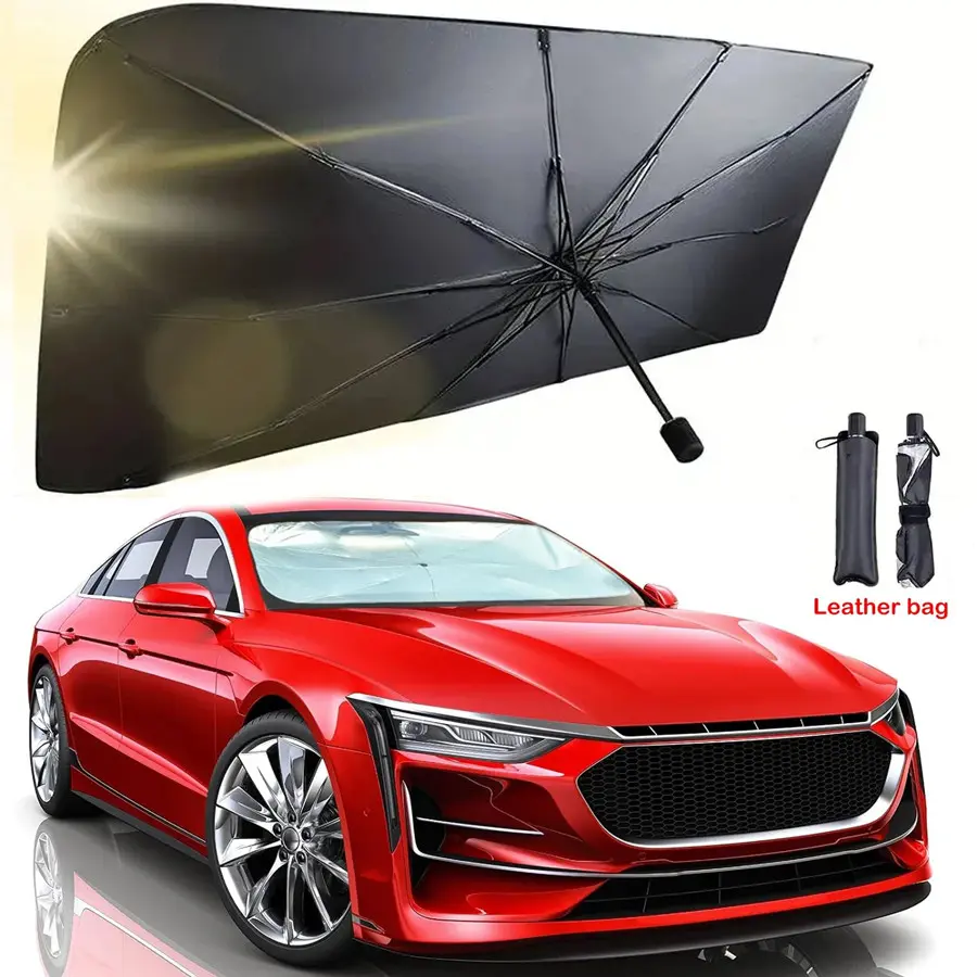 Car Exterior Windshield Sunshade Umbrella, Full Blackout Heat Blocker, Tool-Free Vent Visor Accessory, Blocks Sun, Keeps Vehicle Interior Cool for Summer