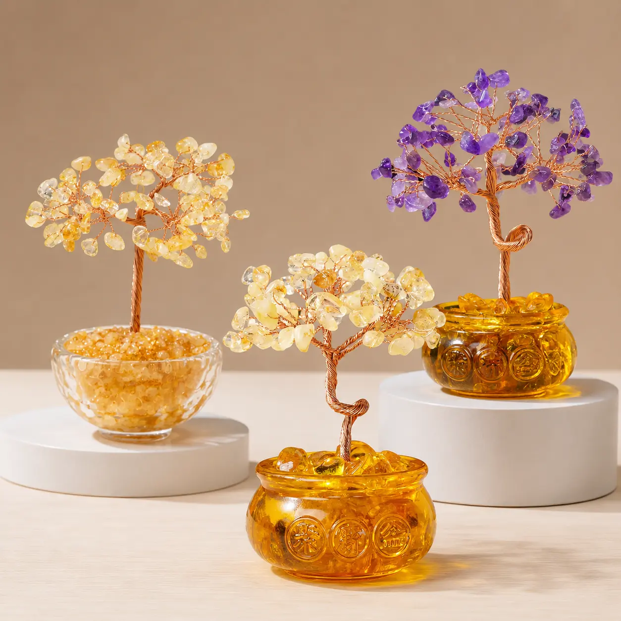 Natural Crystal Money Tree with Aesthetic Amethyst-Citrine Crystals, Pure Copper Products, Premium Resin-Glass Base, Office Feng Shui Ornament, Home Decor Figurine, Business Gift for Good Luck Healing