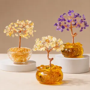 Aesthetic Amethyst & Citrine Crystal Money Tree, Natural Gemstone Bonsai for Good Luck, Healing Crystals Home Office Room Decor Figurine Ornaments