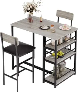 3-Piece Double Bar Table Set with 3-Tier Storage Shelves, Compact Kitchen Dining Table Set with 2 Upholstered Stools, Space-Saving Breakfast Nook for Kitchens, Taverns, Apartments