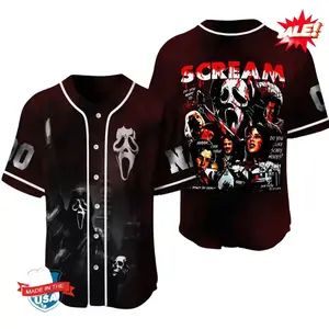 Scream Ghostface Horror Movie Baseball Jersey Unisex Oversized Streetwear Dark Skull Scary Halloween Party Summer Casual Gym Sport Shirt Men Women USA Gift