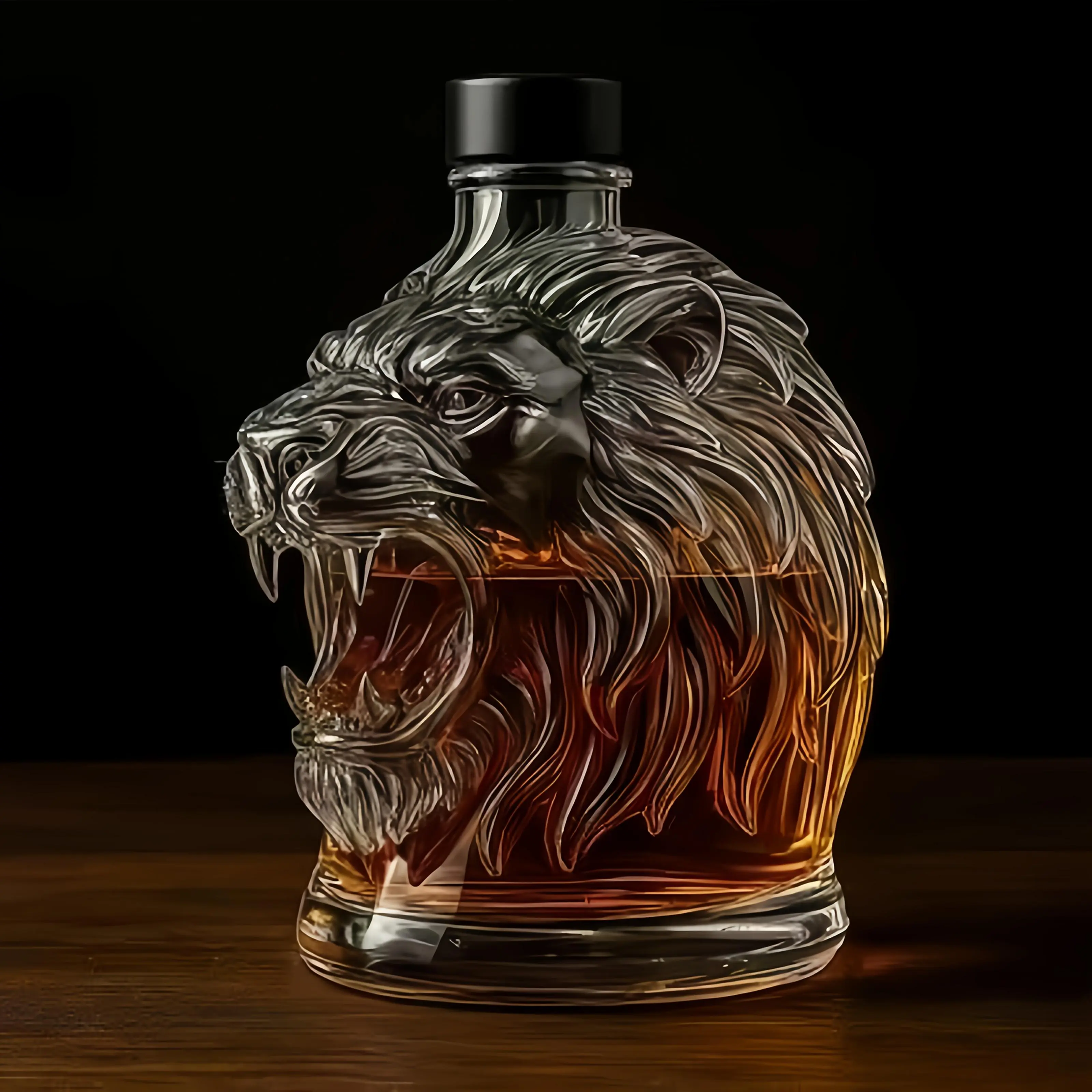 10.14oz 3D Lion Head Shaped Glass Whiskey Bottle/Wine Bottle, Fun Animal Shaped Glass Whiskey Decanter with Leak-Proof Stopper