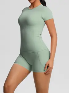 Women's Solid Sports Tee & Shorts Sportswear Set, Quick Drying Breathable Comfortable Outfit for Yoga Gym Workout Running, Ladies Sportswear for All Seasons Workout Running Clothes