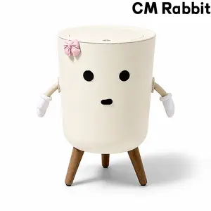 CM Rabbit  Cute Cartoon Press Top Trash Bin with Wooden Tripod Legs, Lidded Odor Proof Waste Bin with Liner Retaining Ring, Kawaii Decorative Garbage Bin for Bedroom Bathroom Dorm Small Apartment