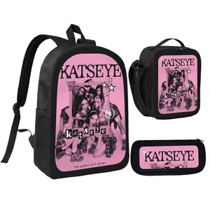 Katseye Print 3 In 1 Backpack Set, Black Backpack with Insulated Lunch Bag & Pencil Case, Cute Kpop Merch Bookbag Lunch Box Pouch Kit for Teen Girls