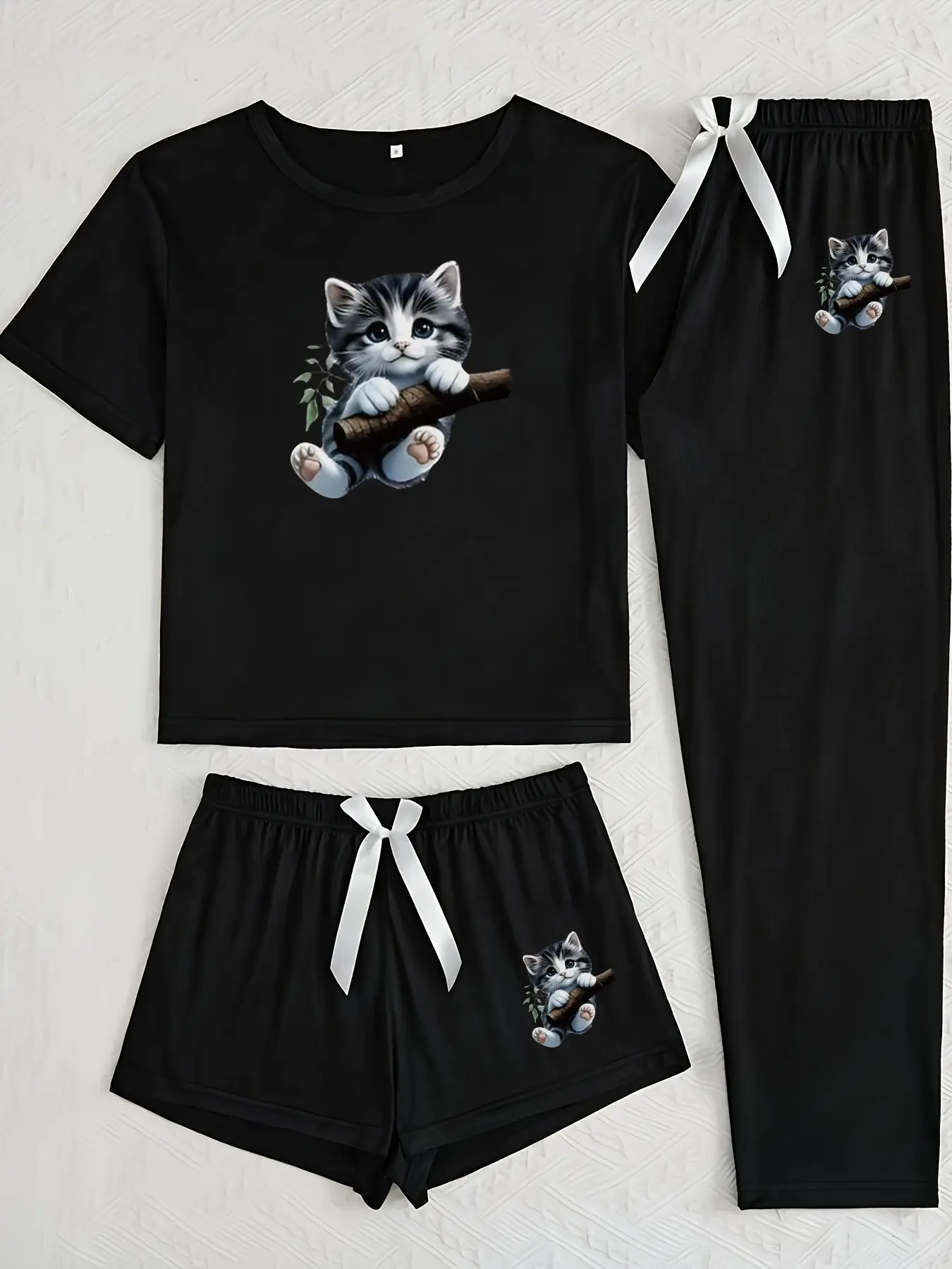 Cute Cat Three-Piece Home Set, Cartoon Pattern, Loose-Fitting Casual Wear, Pants, All-Seasons Comfortable, Ideal for Daily Use, Everyday, Clothes