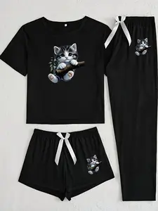 Cute Cat Three-Piece Home Set, Womenswear, Cartoon Pattern, Loose-Fitting Casual Wear, All-Seasons Comfortable, Ideal for Daily Use