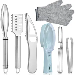 7 Pieces Fish Scaler Brush Remover with Gray Mitten, Stainless Steel Sawtooth Peeler Cleaning Tool Fish Shape Tweezers for Fish Scales Removing Peeling