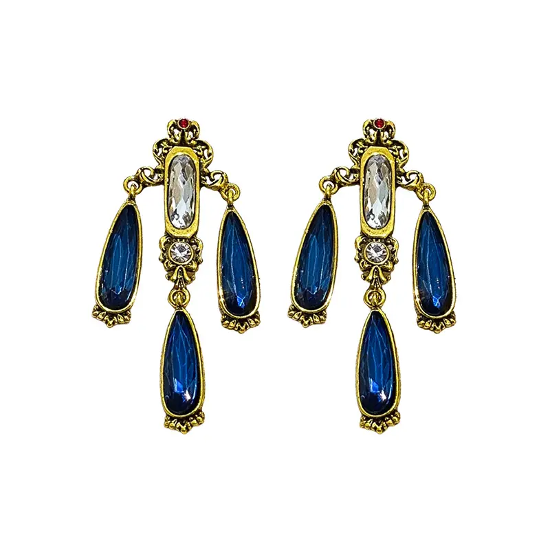 Silver needle vintage-style colorful diamond-encrusted water drop earrings with a unique design, French light luxury and elegant ear accessories