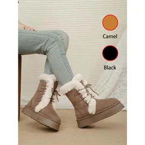 Women’s Black Lace-Up Platform Snow Boots with Faux Fur Trim, Perfect for Winter Casual Wear, Providing Warmth and a Stylish Look, Suitable for Daily Outings in Cold Weather, Comfortable and Trendy Footwear