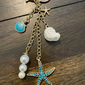 Ocean Inspired Repurposed Bag/Purse Charm/Keychain-Blue Starfish, Crocheted Shell, Pearl & Gold Accents