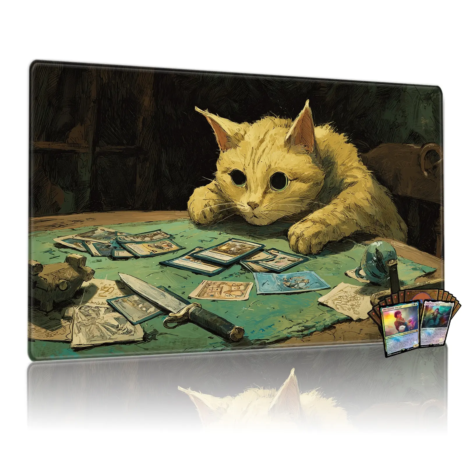 Cat Card Game Mat Mtg 14x24 Inch, Non-Slip Washable Tcg Playmat, Durable Dual-Needle Stitched Edge, Multi-Purpose Desk Mouse Pad, Gaming Mousepad, Gaming Accessory, Multipurpose Mousepad