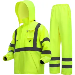 Rain Suits for Men Waterproof,Class 3 Hi Vis Rain Gear with Collapsible Hood, Breathable Safety Rain Jacket with Inner Mesh Lining and,Waterproof Pants L/XL