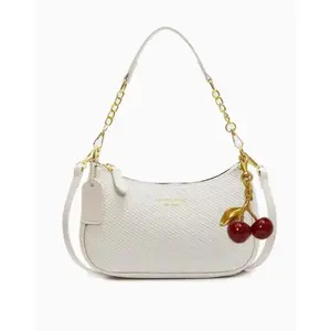 White Quilted Hobo Bag for Women with Cherry Charm, Convertible PU Leather Crossbody Shoulder Purse with Gold Chain Strap, Purses, Accessories For Women
