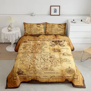 Feelyou Soft Designer Nautical Island Map Comforter Set - Vintage Old Map, Pirate Ship, Ancient Pirate Skull Themed, Breathable Luxury Ocean Bedding, Decorative Bedding Set