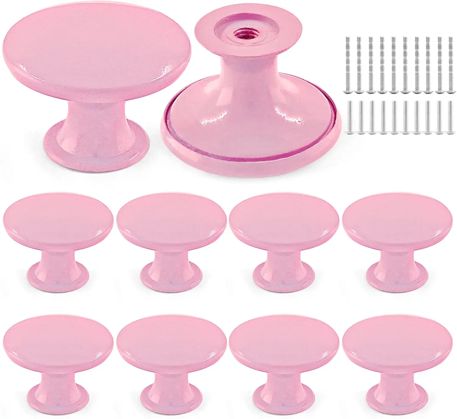 Cute and Funky Pink Round Zinc Alloy Cabinet Knobs - 1.14in/29mm & 0.67in/17mm Smooth Finish Furniture Metal Pull Handles for Kids Bedroom Nightstand, Kitchen Dresser