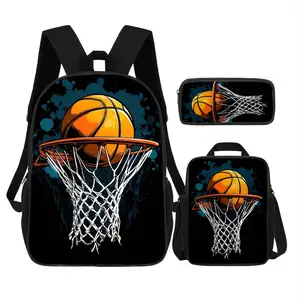 A 3-piece sports backpack set, basketball-themed, includes a sturdy school bag, an insulated lunch bag, and a multi-functional pencil case, perfect for children of all genders, suitable for school, outdoor activities, commuting, and travel