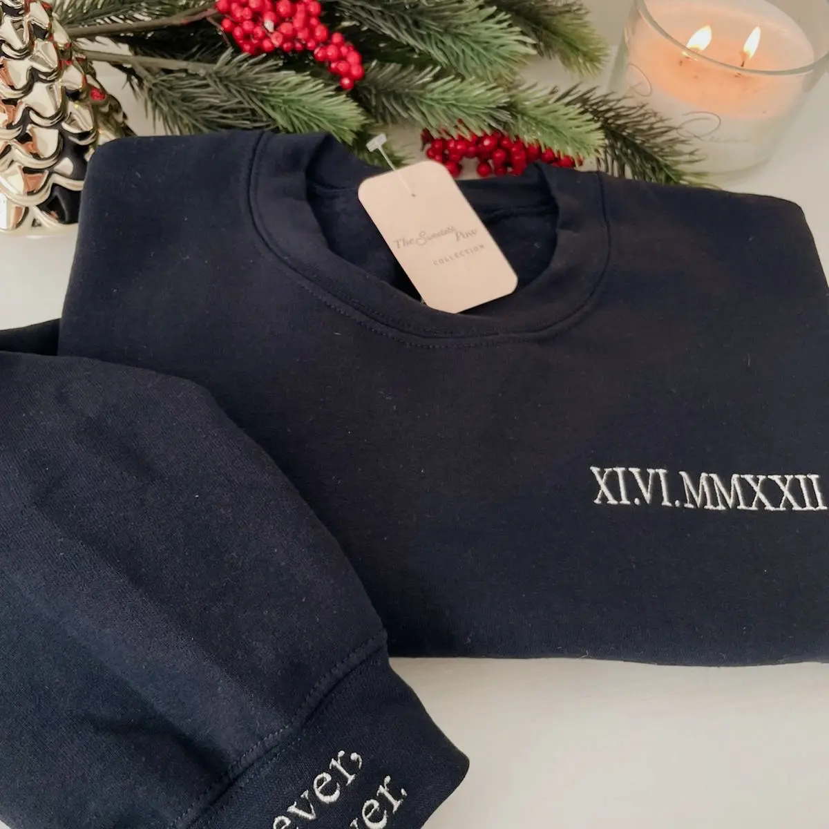 Roman numeral  fleece sweater with Forever and ever + initial with heart sweater Anniversary Female Male Anniversary Casual Cotton White Black  Crewneck Round Neck Pullover Hoodie Menswear Tops  Longsleeves Comfort Womenswear Style
