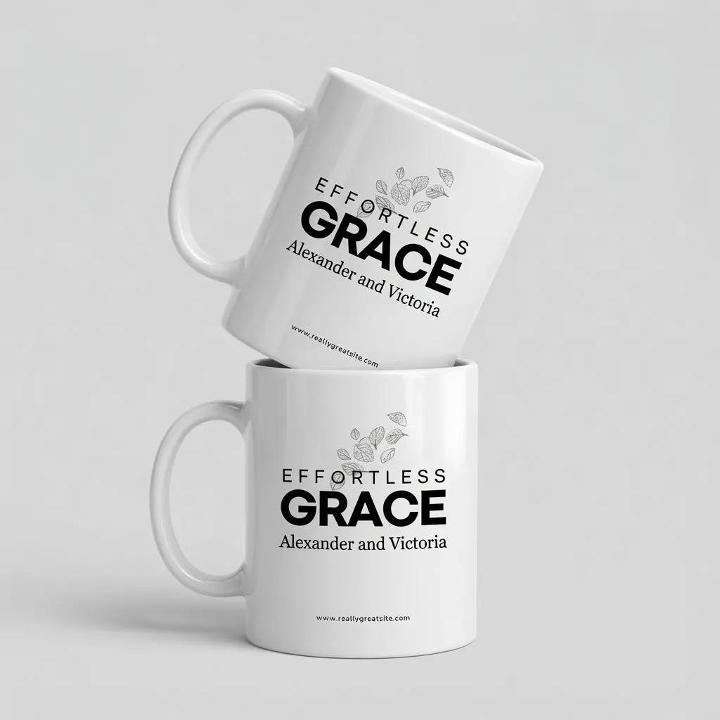 11oz Personalized "Effortless Grace" Printed Washable Glossy Ceramic Coffee Mug - Custom Name, Elegant Minimalist Leaf-Design Kitchenware Drinkware Gift for Couples