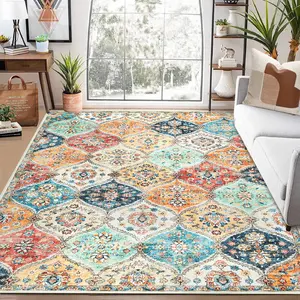 8x10 ft Large Area Rugs for Living Room, Premium Plush Washable Carpet, Non-Slip TPR Backing, Extra Soft Classic Anahi Pattern Faux Wool Rug(Orange)