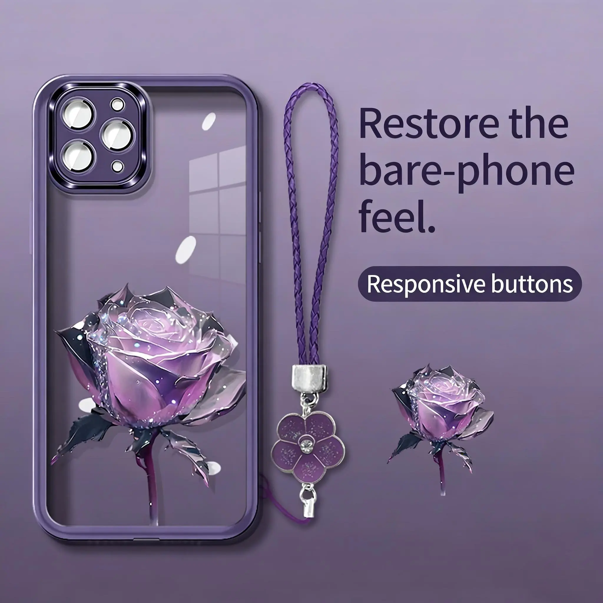 Purple rose phone case with built-in camera lens protector,for iPhone 17 16 15 14 13 12 11 ProMax Pro Plus paired with a four-leaf clover lanyard 995